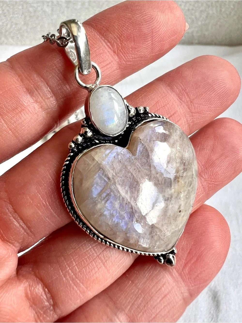 925 OMG OMG Blue Flash Peach Moonstone ❤️ Heart Pendant Necklace